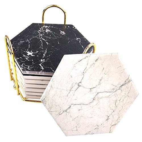 8 Pcs Drink Coasters with Metal Holder Stand, Marble Design Ceramic Coaster Set, Cork Base, for Tabletop Protection, Home Decor, Bar Coasters (Black+White)