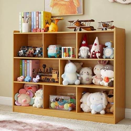 3-Tier Bookshelf, 8-Section Wooden Bookcase, Storage Organizer with Anti-Tilt Device, ...