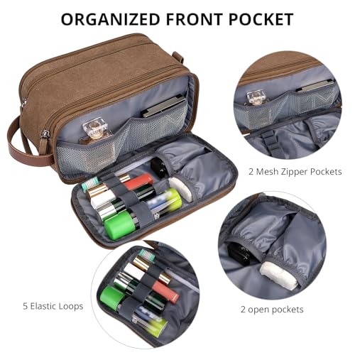 Image of WITZMAN Canvas Toiletry Bag for Men Large Capacity Hanging Dopp kit for Men Leather Toiletries Water-Resistant Bathroom Bag(A8002 Brown)