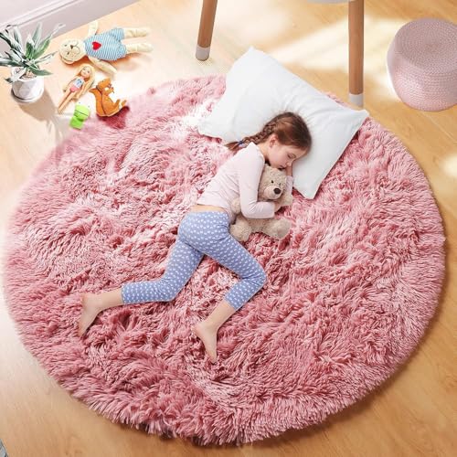 Image of PAGISOFE 5Ft Round Rugs 5Ft, Fluffy Blush Rugs for Bedroom Girls, Furry Cute Rugs for Girls Room Decor Aesthetic, Indoor Fuzzy Circle Rug for Kids Room Nursery, Shag Carpet for Playroom Pink