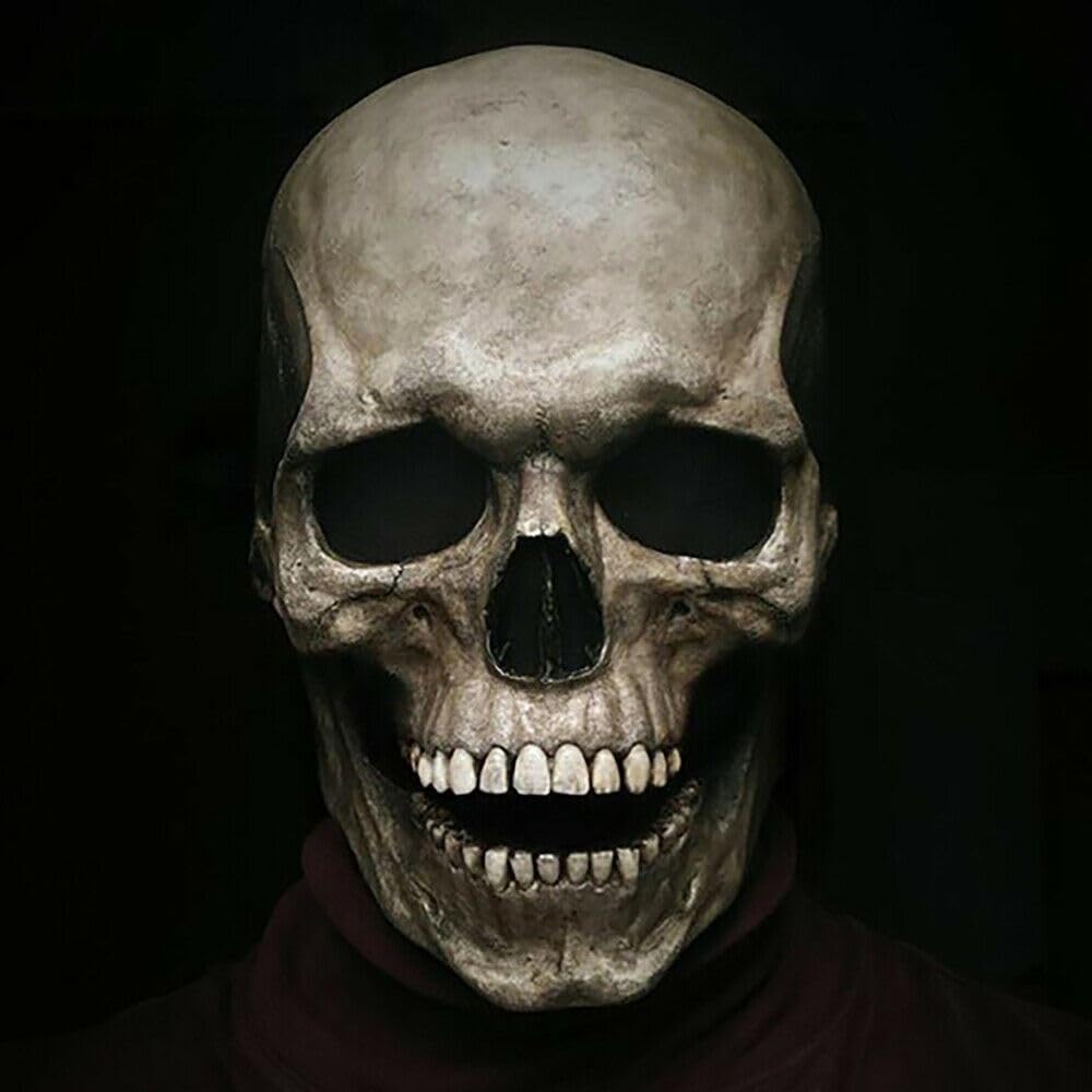 Halloween Skull Mask Full Head Helmet Movable Jaw Horror Party Pro Scary Halloween Cosplay Costume Favor Supplies (Gray)