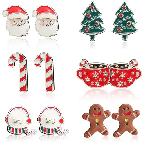 Image of Christmas Earrings Set, 6 Pairs Christmas Stud Earrings, Holiday Jewelry Set, Christma Stud Earrings for Women, Christma Ornament Earrings, for Women Girls