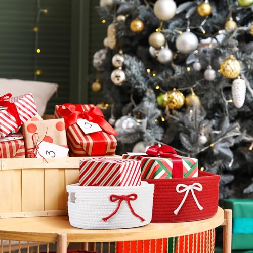 Image of Breling 3 Pieces Valentine's Day Gift Basket Coquette Bow Laundry Hamper Cotton Rope Storage Woven Rope Bin with Handles for Decoration Organization Storage for Nursery, Pet Toy Basket(Red, White)
