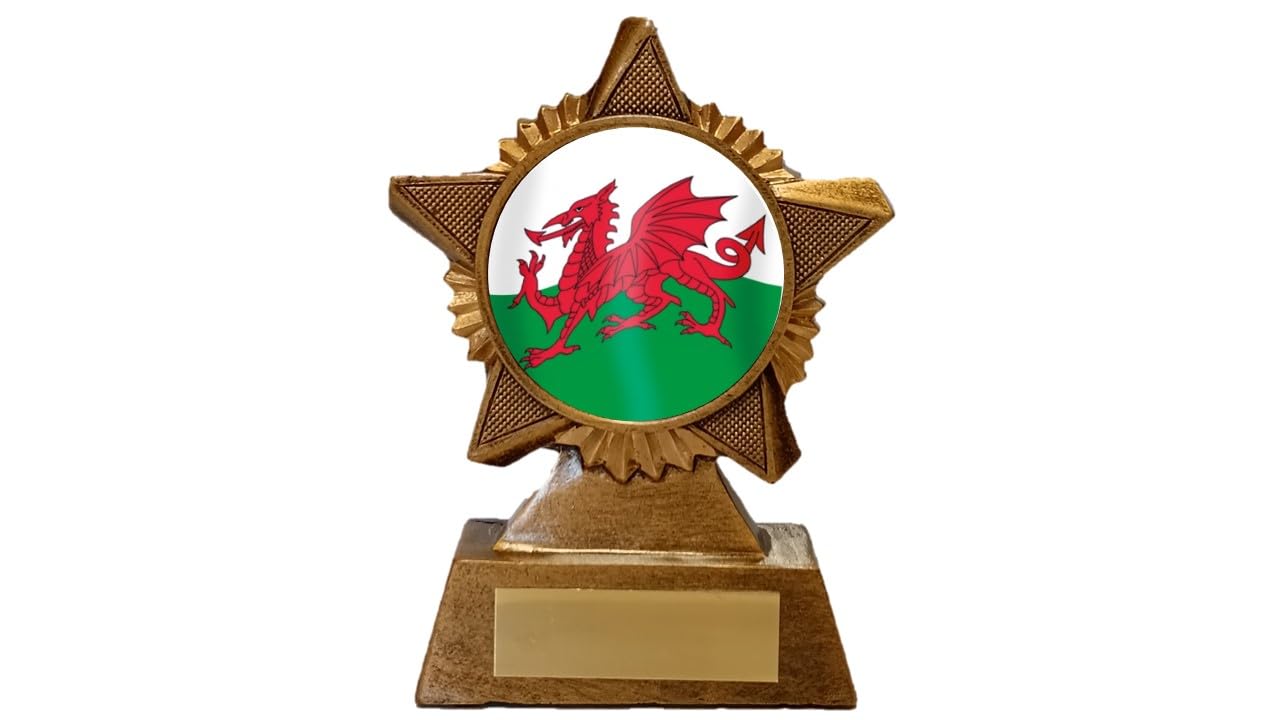 Troshow Antique Gold Welsh Flag Trophy Award Premier Star 120Mm Heavy Resin Welsh Dragon Free Engraving -Troshow1-Gd