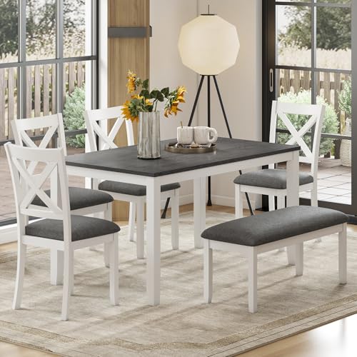 Zevemomo 6-Piece Solid Wood Dining Table Set, Including 1 Dining Table, 4 Upholstered Chairs and 1 Bench, Wooden Legs Dining Table Set for Dining Room, Kitchen, Restaurant, White