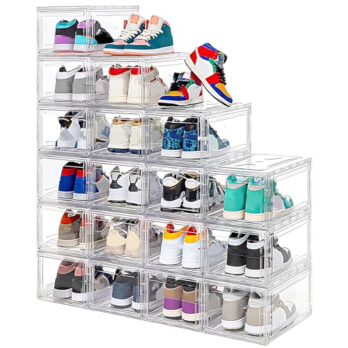 12 Pack Acrylic Clear Shoe Boxes– Ultra Clear Plastic Stackable Sneaker Storage For Sneakerhead. Professional Grade Shoe Display Case with Magnetic Door .Boots and Hat Organizer.Fits US Size 15