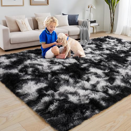 KING DARE Black and White Rug 4x6, Washable Plush Fuzzy Shaggy Non-Slip Soft Fluffy Carpet for Bedroom Living Room Dorm Playroom Kids Room, Modern Home Decor Aesthetic