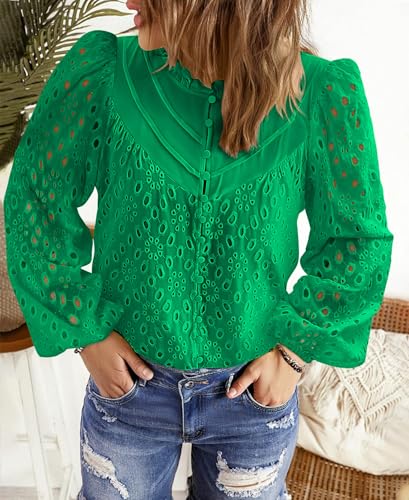 BETTE BOUTIK Women's Long Short Sleeve Tops 2025 Dressy Casual Button Hollow Out Lace Embroidered Blouses Shirts