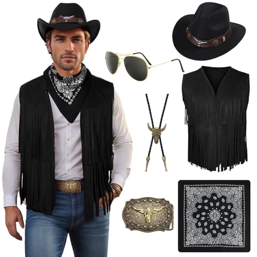 Gilet à franges de cowboy avec chapeau et lunettes pour fête