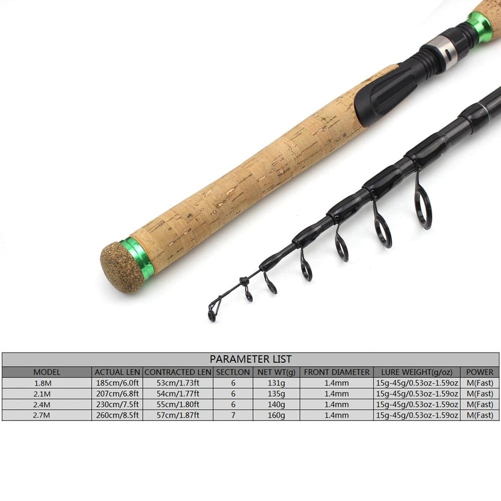 Canne à pêche Canne à pêche télescopique en Carbone avec poignée en liège allongée, Poids du leurre de 15 à 45 g, Canne à pêche Rapide M Power Kit de pêche(1.8m)
