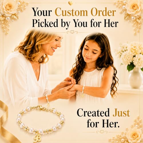 Image of Baby Crystals 14K Gold Plated Personalized Initial Bracelet for Baby Girl with Freshwater Pearls - Newborn Infant Toddler Teen, Birthday Baptism Baby Shower Jewelry Gift