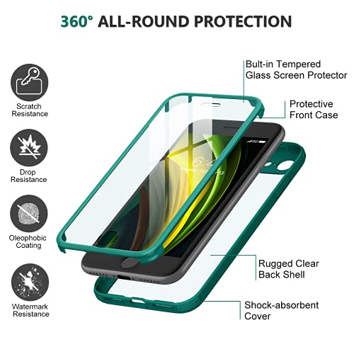 Image of Miracase for iPhone SE Phone Case 3rd /2nd Generation 2022 2020 Full-Body with Built-in Glass Screen Protector, Heavy Duty 360 Protective Shockproof Bumper Cover for iPhone 8 /SE, Green