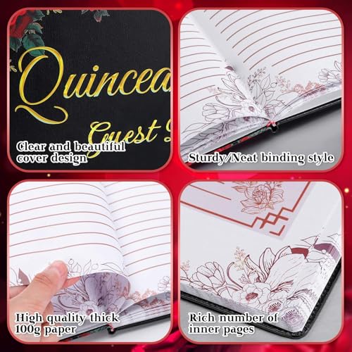 Image of MotiMind Quinceanera Guest Book with Pen 11 x 8 Inch Libro De Firmas Para 15 Anos Quinceanera Leather Hardcover Signature Book Guest Sign in for 15th Party Favors Decoration(Black,Floral)