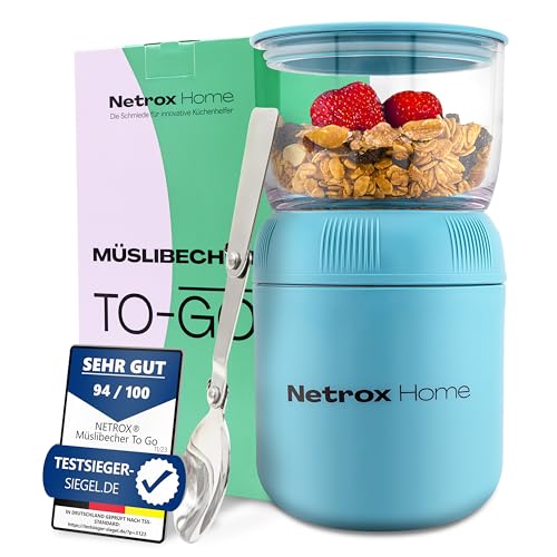 NetroxHome - Müslibecher To Go mit Löffel, Auslaufsicherer Joghurtbecher To Go aus Edelstahl,...