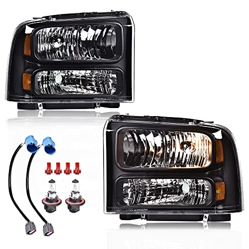 Image of GRAND ORANGE Pair Headlights Assembly, Compatible with Ford F250 F350 F450 F550 1999-2004, Fit Ford Excursion 2000-2004, Driver & Passenger, Clear Lens Black Housing Amber Reflector, faros delanteros