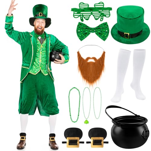 Capoda 12 Pcs St Patrick's Day Leprechaun Costume Men's Leprechaun Suit Irish Shamrock Accessories for Adult(L,Classic)