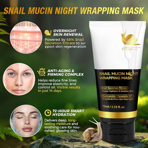 Collagen Night Wrapping Mask Snail Mucin Korean Skincare Collagen Face Mask Overnight No-rinse Facial Overnight Sleeping Mask Hydration Reduces Wrinkle Improves Skin Elasticity 75ml (Brush Included) - Image 4