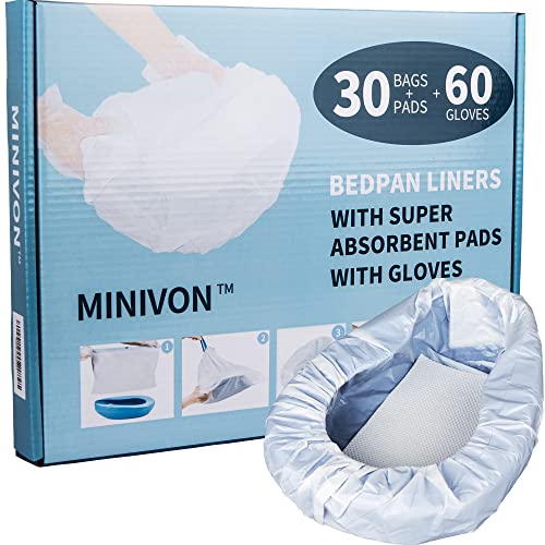 MINIVON Bedpan Liners with Super Absorbent Pads - Value Pack 30 Count - Bed pan Bag Disposable Pulling String Medical Grade & Universal Fit Bed Pan for Bedridden Patients Elderly Senior Bedbound