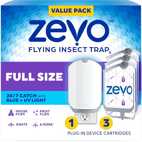 Zevo Flying Insect Trap & 3 Refill Cartridges - Plug in Fly Trap & Indoor Bug Catcher for Gnats, House & Fruit Flies - Blue & UV Light Technology, Mess-Free Alternative to Bug Zapper