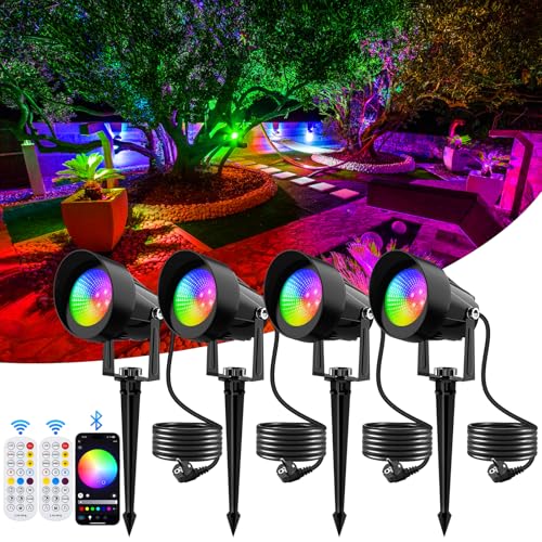 NATPOW Faretti da Esterno Giardino RGB, 4 Pezzi Lampioni da Giardino RGB con Telecomando e Bluetooth, Impermeabile IP65 Faretti Esterno Smart per Terrazza, Albero, Sentieri