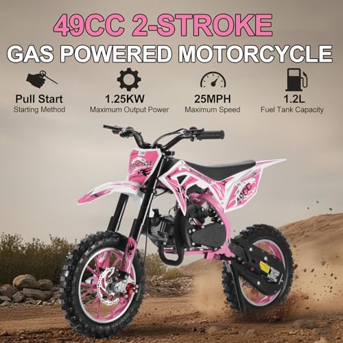 Image of 50cc Kids Dirt Bike, 49cc Gas Dirt Bike for Kids 8-14, 2-Stroke Mini Dirt Bike with Pull Start, Off-Road 10-Inch Tires, Front and Rear Disc Brakes, 25 MPH, for Dirt, Gravel, Yard
