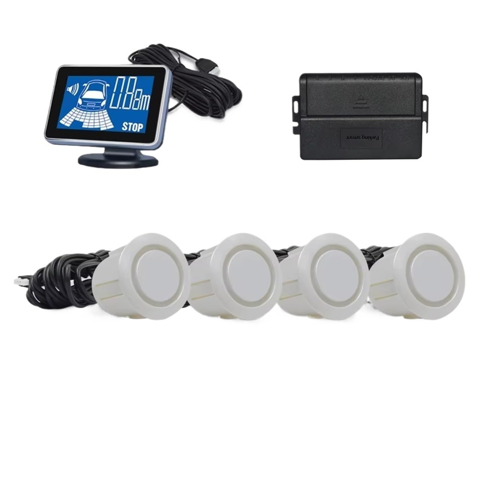 Sensor PDC Radar Marcha Atrás 4 Sensores Aparcamiento Aparcamiento Para Coche Kit Parktronic Para Garaje Sensor Distancia Alerta Sonora Sensores Geomagnéticos Para Coche(White)