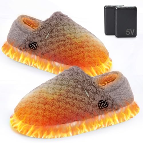 SUPTEMPO 電気スリッパ コードレス 10秒速暖 フットウォーマー 足温器 充電式 電熱スリッパ 歩ける 足元ヒーター 2個6000mAhモバイルバッテリー付き 日本製ヒーター 3段階温度調節 1.5m延長コード付き スリッパ ヒーター 洗える 足を温めるグッズ 男女兼用-ブラウン,Lのサムネイル