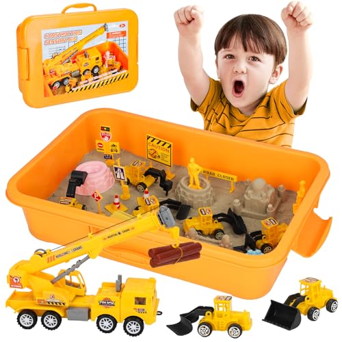 Construction Sensory Bin for Toddlers with Big Crane Toy & 2.2lbs Sensory Sand, Construction Trucks Sandbox with Lid, Play Sand Sensory Box w/ Castle Molds, Beach Toy Birthday Gift for Boys Girls 3+