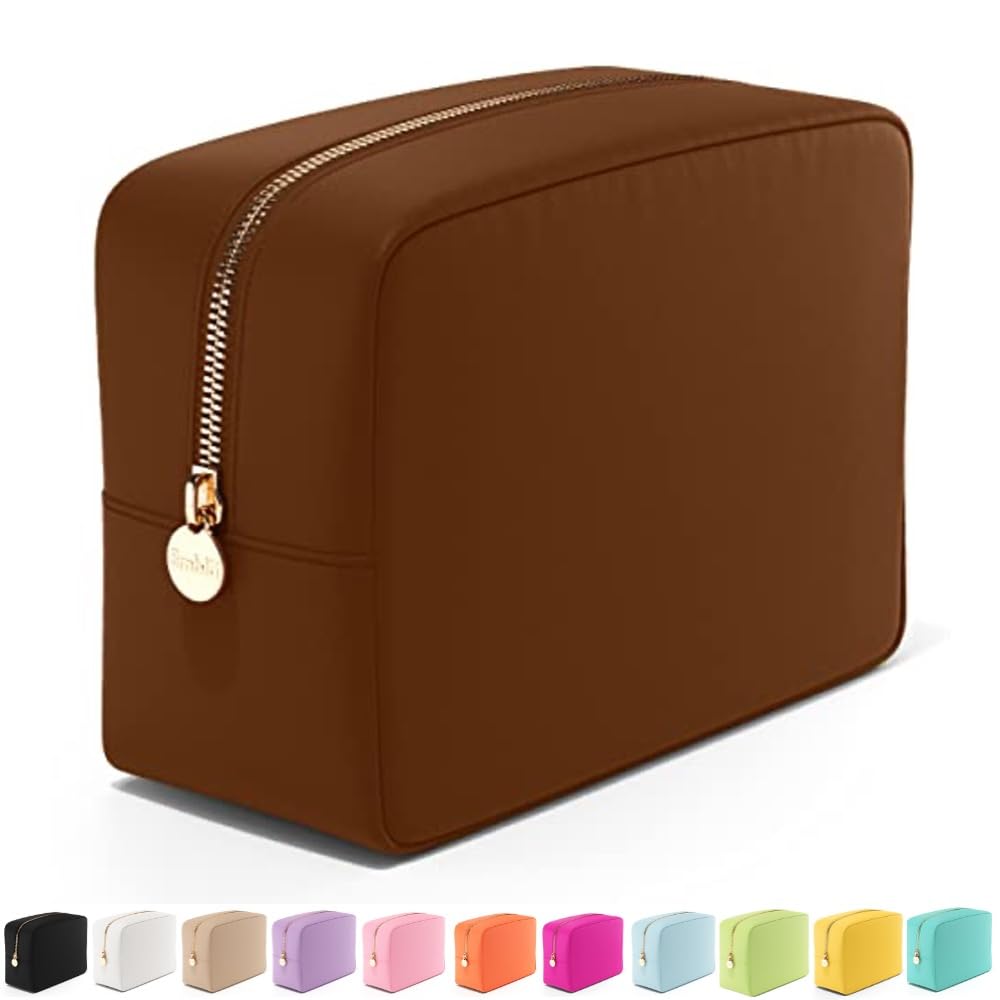 Embla - Bolsa de maquillaje grande y neceser de viaje de nailon impermeable, estuche de cosméticos de gran capacidad con cremallera, marrón oscuro
