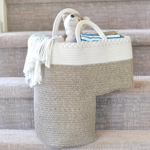 Stair Basket for Carpeted & Wooden Stairs - Cotton Rope Basket Staircase Handles - Storage Stair Steps For Laundry Toys Nursery Caddy - Cream & Brown 15.75 L x 7.87 W x 15.75 H