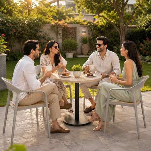 Image of Rattan Style Outdoor Chair | Set of 4 Grey Plastic Arm Chair for Garden, Balcony, Patio & Cafe | Lightweight Weather Resistant Seating | 3 Year Manufacturing Warranty