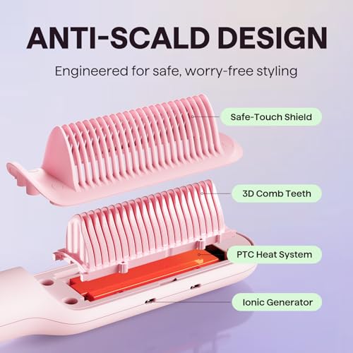 Image of Wavytalk Hair Straightener Brush, Sleek Sweep Ionic Straightening Brush, Anti-Scald Ceramic Straightener Comb with LED Display for Super Smooth Hair, Dual Voltage, Pink.