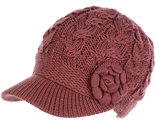BYOS Women's Winter Fleece Lined Elegant Flower Cable Knit Newsboy Cabbie Hat