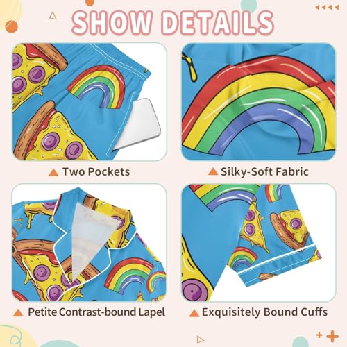 senya Pizza and Rainbow Satin Summer Pajama Sets Silk Short Sleeve Button Down Sleepwear3