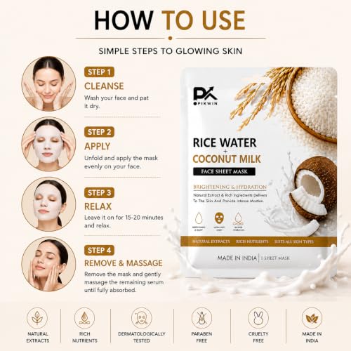 Image of Rice Water & Coconut Milk Face Sheet Mask for Glowing Skin | Niacinamide, Sodium Hyaluronate & Argan Oil | Brightening & Deep Hydration | Paraben-Free, Vegan | All Skin Types | 20g