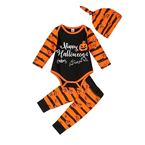 Cute Infant Baby Boy Girl Halloween Costumes Bat Romper Top+ Pumpkin Pants + Hat 3Pcs Outfit Set Clothes (Black, 0-3 Months)