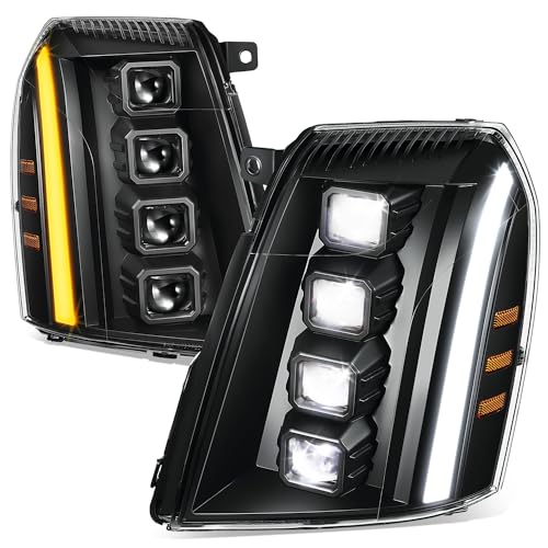 Auto Dynasty Sequential LED DRL Switchback Quad Square Projector Headlights Assembly Compatible with Cadillac Escalade 2007-2014 Driver and Passenger Side Black Housing Amber Corner