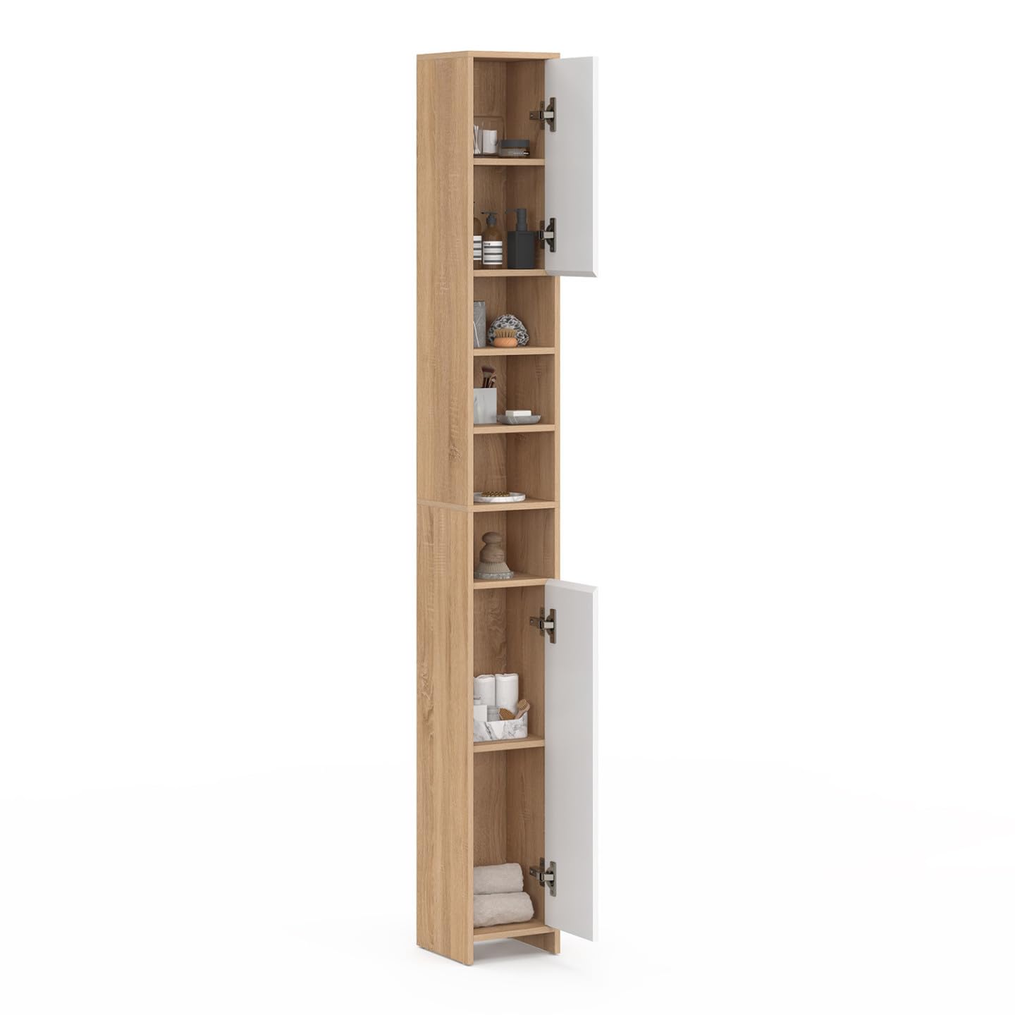 IDMarket - Meuble Colonne Salle de Bain TOMI 2 Portes 4 niches façon hêtre et Blanc