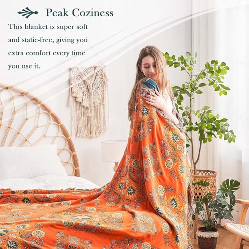 Image of XIBLC Boho Throw Blanket 100% Cotton Ultra Soft Luxury Throw Rustic Quilt 50 inchx60 inch Floral Printed Farmhouse Decor Bed Summer Blankets All Season Rustic Reversible Bohemian Throw for Bed Orange