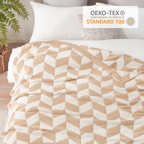 Image of Snuggle Sac Chevron Throw Blanket for Couch, Reversible Super Soft Warm Blankets Cozy Knit Fuzzy Plush Lightweight Throws for Sofa, Bed, Camping, Beige,50x60 inches