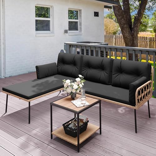 YITAHOME Patio Furniture Set, 3-Piece Outdoor Wicker Conversation Sectional L-Shaped Sofa with 4 Seater for Backyard, Porch, Boho Detachable Lounger with Cushions and Coffee Table - Black Bl