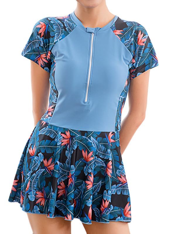 JadeRich Teen Girls One Piece Short Sleeve Swim Dress Rash Guard Bathing Suit Skirted Zip Front Swimwear2