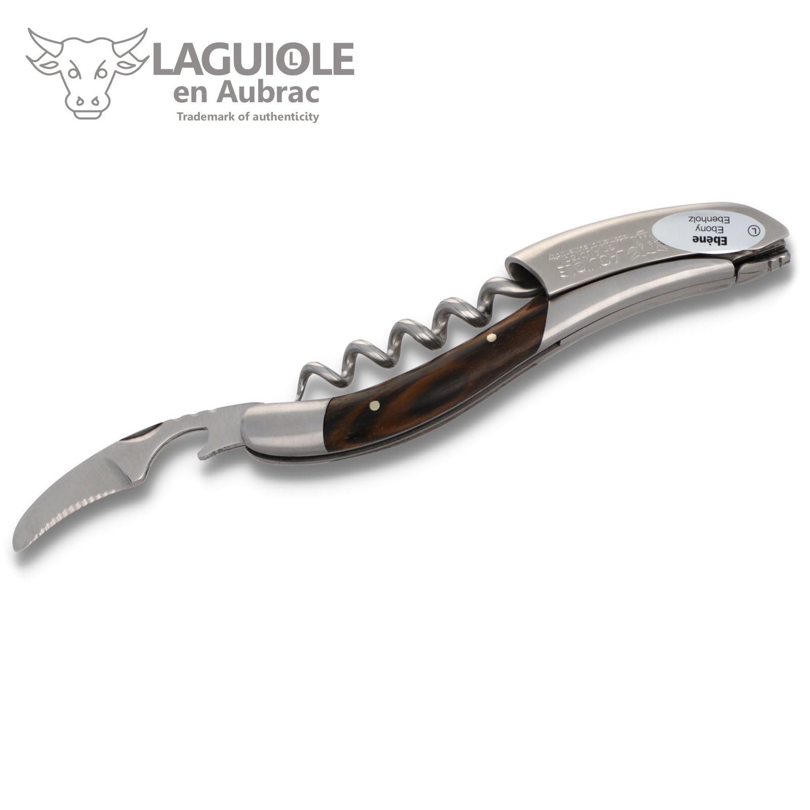 Laguiole en Aubrac Kellnermesser - Makassar Ebenholz - Edelstahl matt - Weinöffner Sommelierbesteck Korkenzieher Frankreich