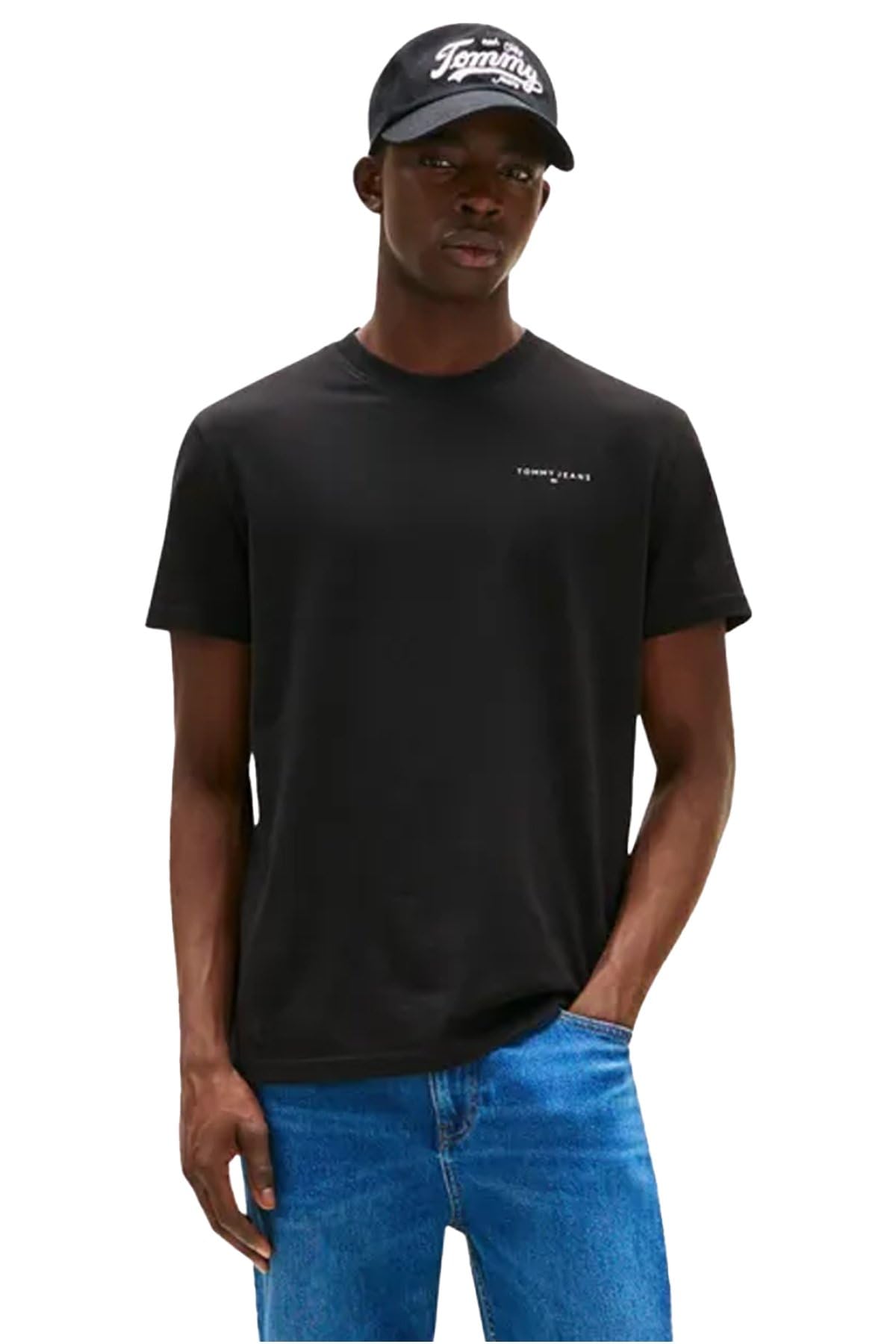 Tommy Jeans Mens TJM Slim Linear Chest Tee Ext Dm0dm21780 S/S T-Shirt, Black (Black), XS UK