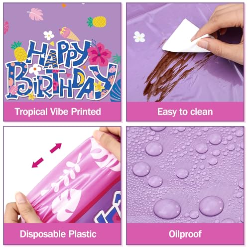 Image of Oudain 3 Pcs Cartoon Birthday Party Disposable Tablecloth Decoration Hawaiian Hibiscus Tropical Leaves Pattern Table Cloths 108'' x 54'' Luau Plastic Waterproof Rectangular Covers for Party (Purple)