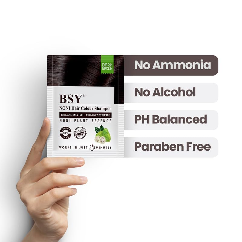 Image of BSY 5-Min 3 IN 1 Natural Hair Color Shampoo Brown | Ammonia Free Long Lasting Hair Color Noni Fruit Extract Based Herbal | No Hair Loss, Grey Coverage Hair Dye Shampoo for Women & Men (20ml-10 Sachet)