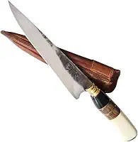 Faca Artesanal FACAS FR Churrasco 7' Aço Carbono 1070 com Cabo de Osso, Madeira e Chifre Bainha de Couro Corte Preciso Produzida no Brasil