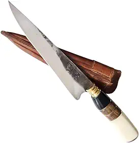 Faca Artesanal FACAS FR Churrasco 7' Aço Carbono 1070 com Cabo de Osso, Madeira e Chifre Bainha de Couro Corte Preciso Produzida no Brasil