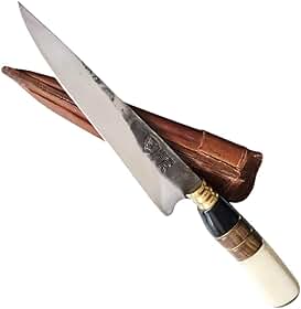 Faca Artesanal FACAS FR Churrasco 7" Aço Carbono 1070 com Cabo de Osso, Madeira e Chifre Bainha de Couro Corte Preciso Produzida no Brasil