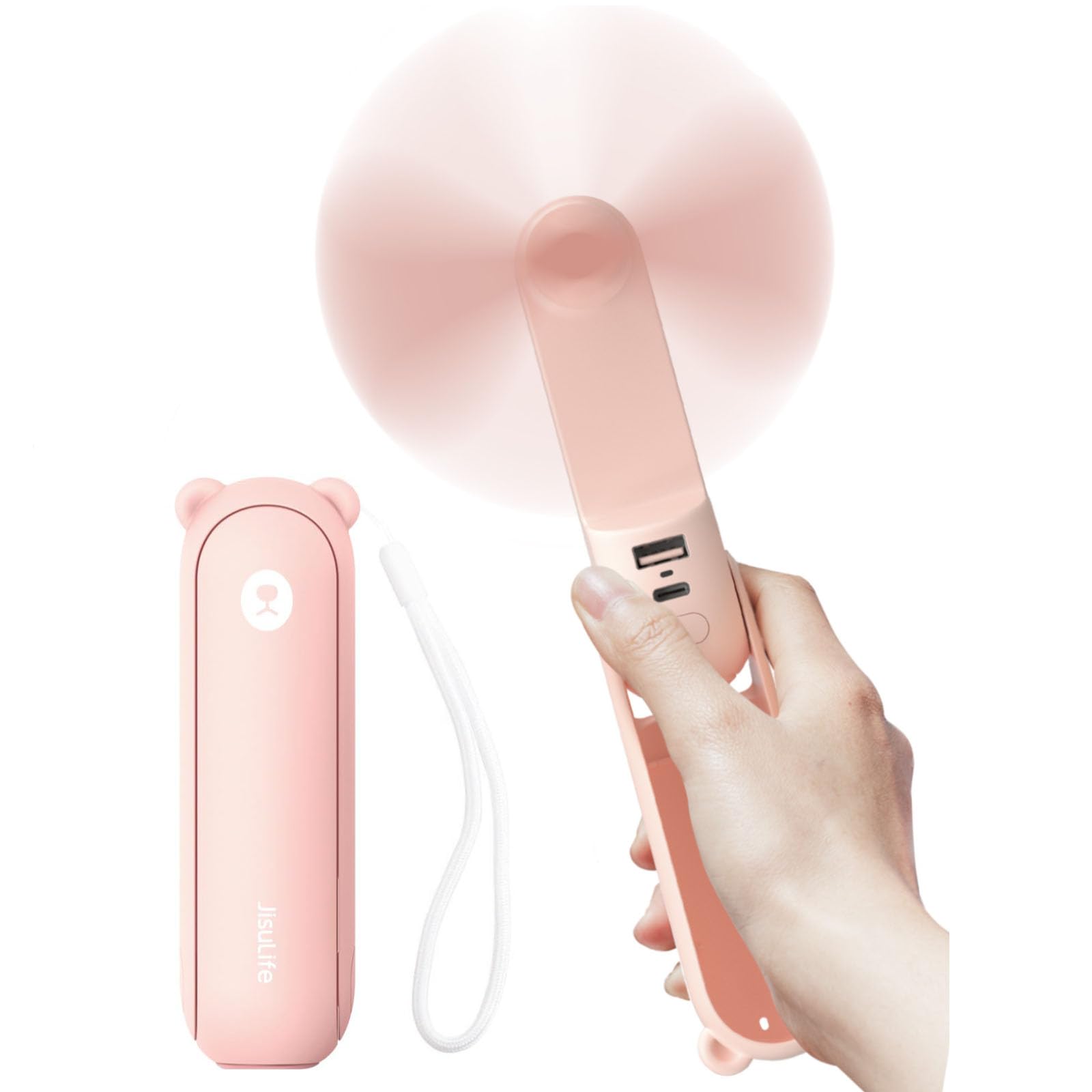 JISULIFE Handheld Fan with 4500 mAh Powerbank Max 37 Hours Runtime, Pocket Portable Battery Operated or USB Powered Folding Personal Fan, 3 Speeds, Gifts for Women Men Kids Gift for Festival-Pink